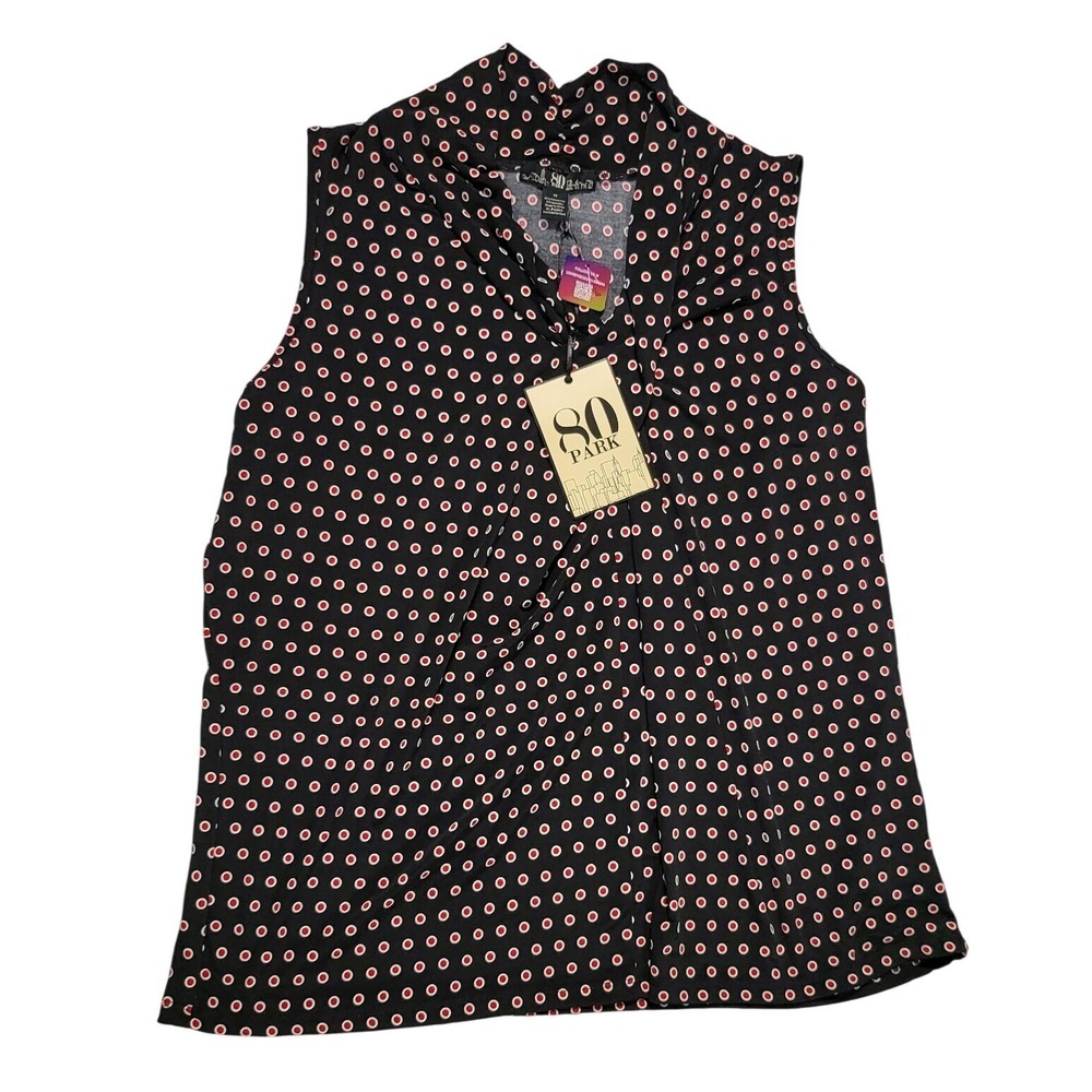 80 Park Sleeveless Blouse Top Twisted Cowl Neck Dotted Black Red 1X